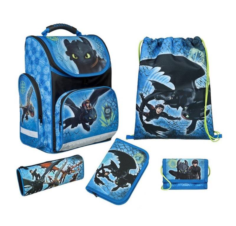 Familando Schulranzen Dragons Drachenzähmen Schulranzen für die 1. Klasse, 930 Gr., 15 L Vol (Set, 5-tlg., inkl. Federmäppchen, Turnbeutel und Geldbeutel), ergonomischer Tornister für Jungen und Mädchen von Familando