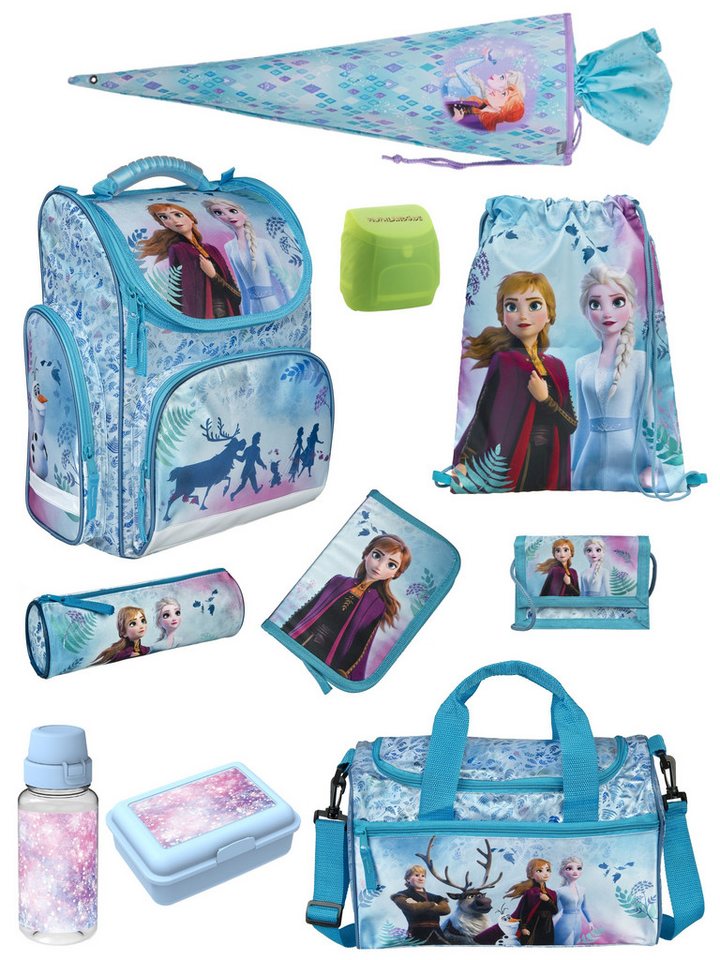 Familando Schulranzen Mädchen 1.-3. Klasse ergonomisch, leicht, Volumen 15 Liter (Set, 10-tlg., inkl. Sporttasche und Nestler Schultüte), Disney Die Eiskönigin FROZEN Princess Anna & Elsa von Familando