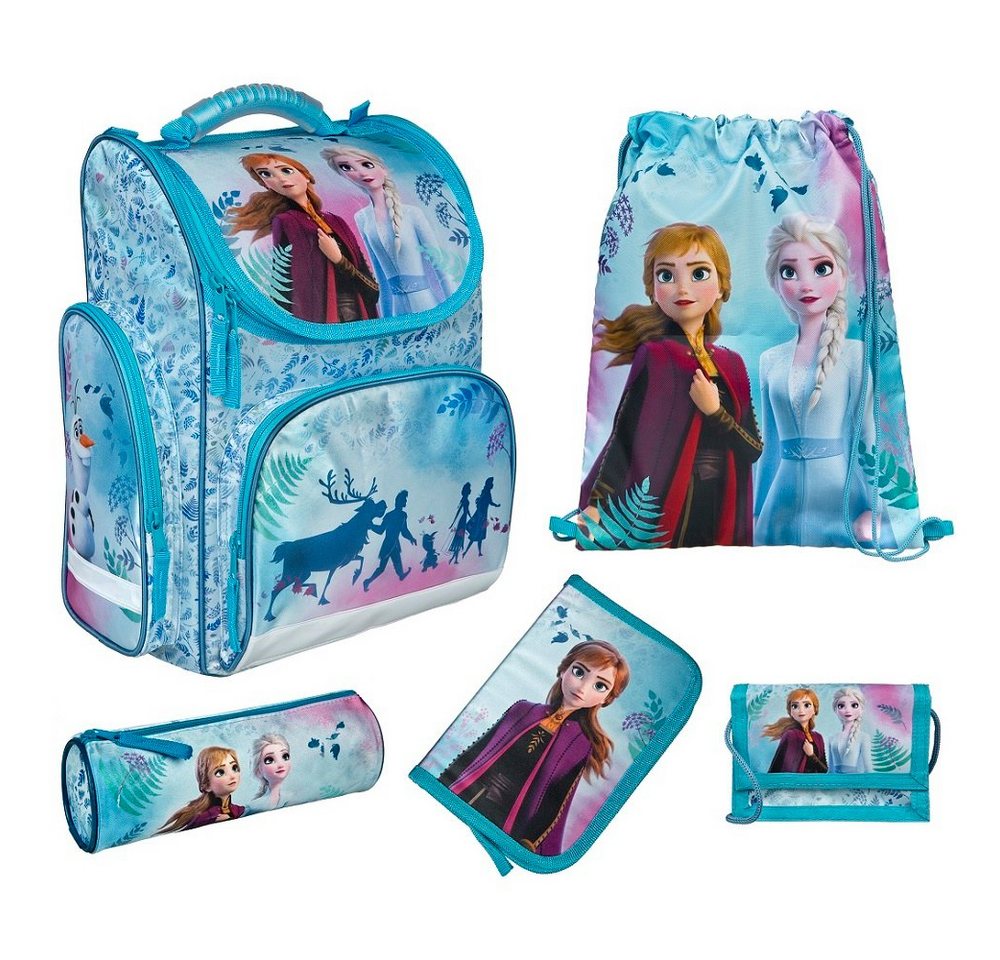 Familando Schulranzen Mädchen 1.-3. Klasse ergonomisch, leicht, Volumen 15 Liter (Set, 5-tlg., inkl. Federmäppchen (nicht gefüllt), Disney Die Eiskönigin FROZEN Princess Anna & Elsa von Familando