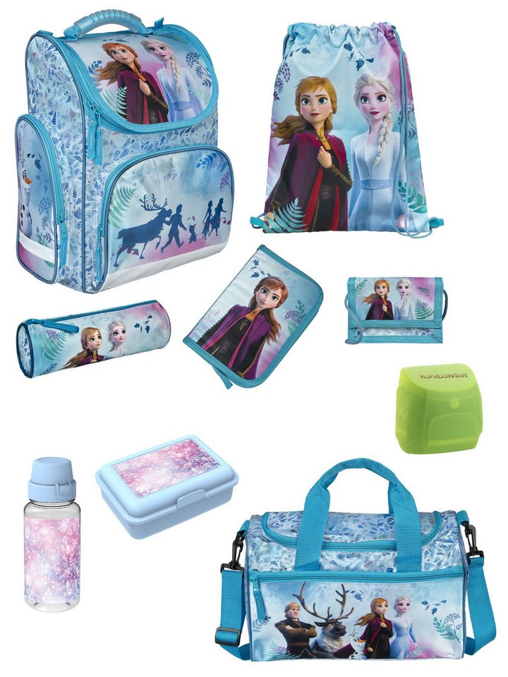 Familando Schulranzen Mädchen 1.-3. Klasse ergonomisch, leicht, Volumen 15 Liter (Set, 9-tlg., inkl. Brotdose, Trinkflasche und Sporttasche), Disney Die Eiskönigin FROZEN Princess Anna & Elsa von Familando