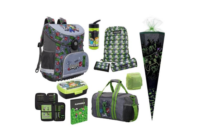 Familando Schulranzen Minecraft Komplett-Set 11-teilig für 1. Klasse Ergonomisch & Kompakt (Set, 11-tlg), mit Dose, Flasche, Heftbox DIN A5 und Schultüte von Familando