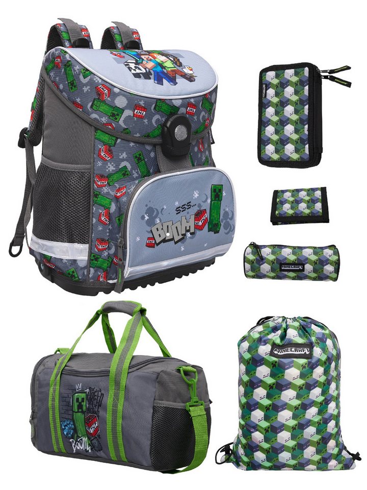 Familando Schulranzen Minecraft Komplett-Set 6-teilig für 1. Klasse Ergonomisch & Kompakt (Set, 6-tlg), mit großer Sporttasche und befüllter Federmappe von Familando