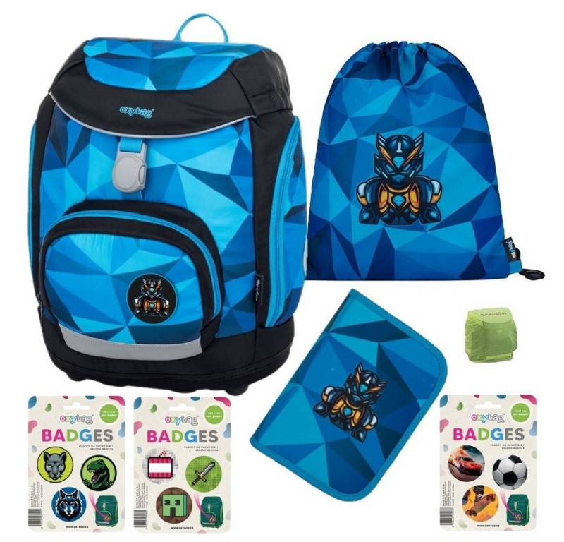 Familando Schulranzen 1.-3. Klasse ergonomischer Schulrucksack, 950 Gramm leicht (Set, 7-tlg., inkl. Federmäppchen und austauschbare Klett Patches), Mine Craft, Wolf Panther Dinosaurier, Fußball Skater Rennauto von Familando