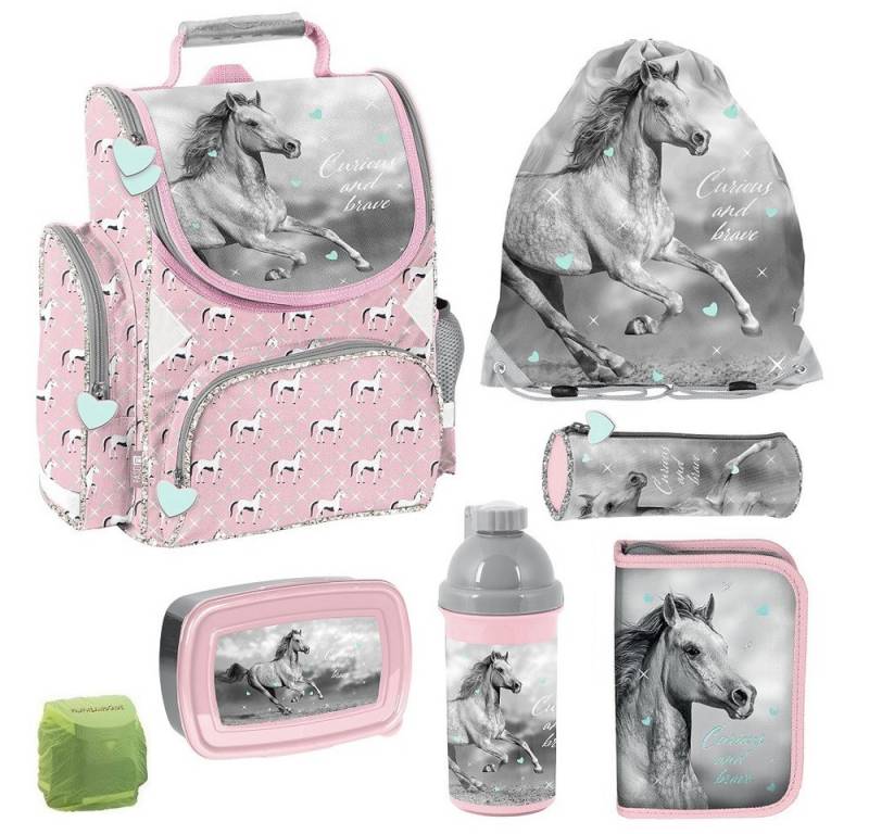 Familando Schulranzen Pferde Schulranzen für Mädchen 1.-3. Klasse, 1 kG - 15 L Volumen (Set, 7-tlg., mit gefüllter Federmappe, Dose und Flasche), Reißverschluss-Hauptfach, Reflektoren auf allen Seiten von Familando