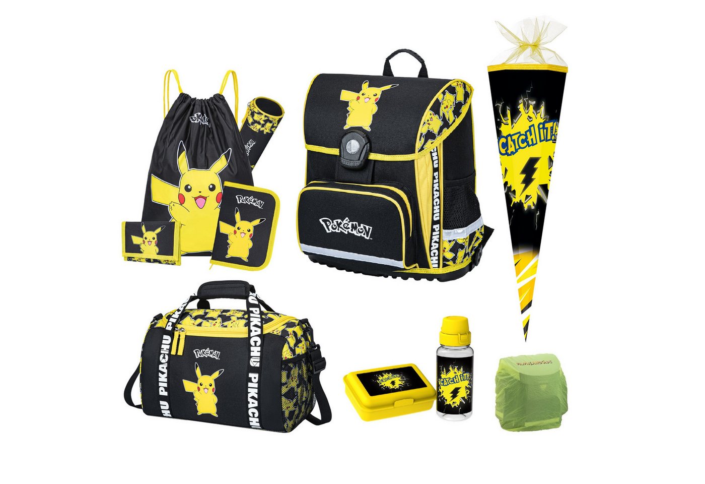 Familando Schulranzen Pokemon für Kinder von der 1. bis 4. Klasse, Ergonomisch & Leicht (Set, 10-tlg), mit Schultüte 85cm, Dose, Flasche und großer Sporttasche von Familando