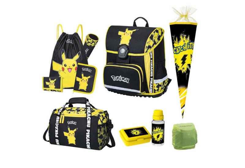 Familando Schulranzen Pokemon für Kinder von der 1. bis 4. Klasse, Ergonomisch & Leicht (Set, 10-tlg), mit Schultüte 85cm, Dose, Flasche und großer Sporttasche von Familando