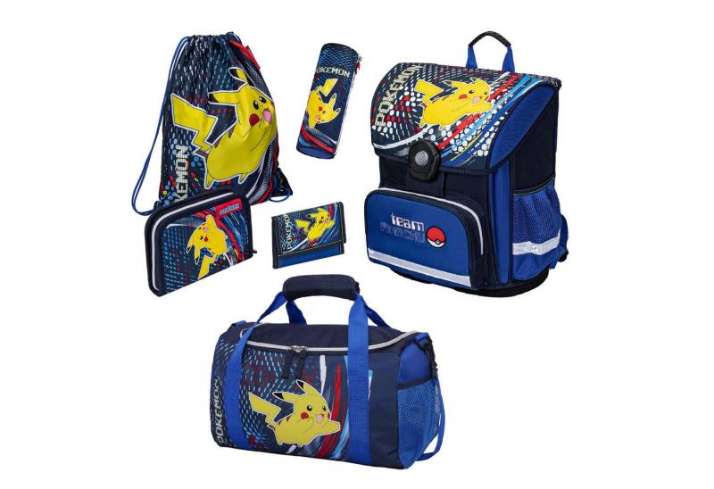 Familando Schulranzen Pokemon für Kinder von der 1. bis 4. Klasse, Ergonomisch & Leicht (Set, 6-tlg), mit großer Sporttasche von Familando