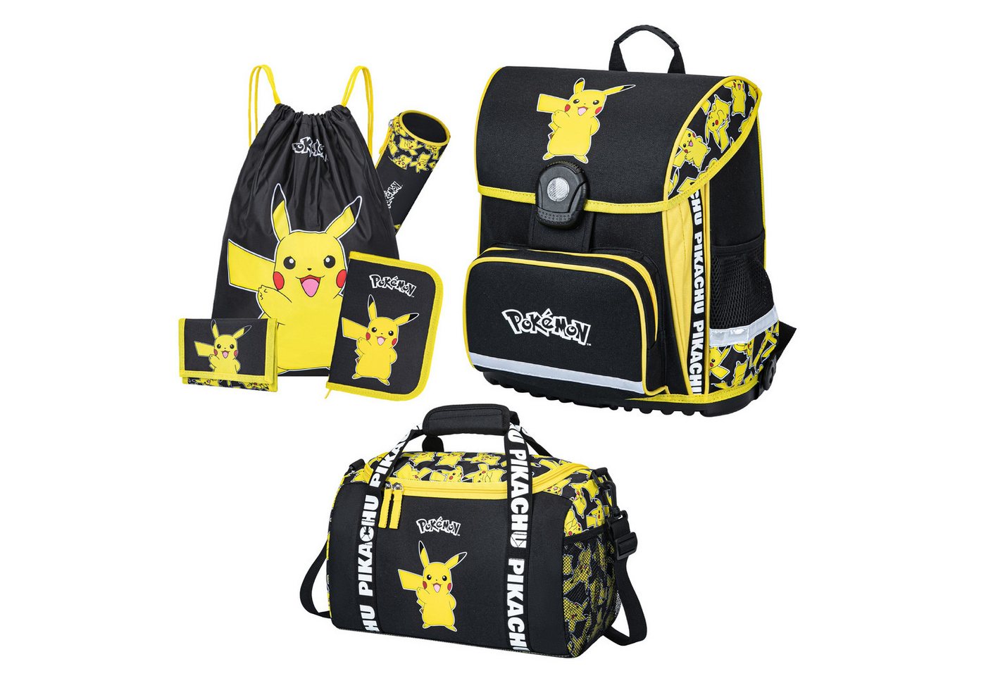 Familando Schulranzen Pokemon für Kinder von der 1. bis 4. Klasse, Ergonomisch & Leicht (Set, 6-tlg), mit großer Sporttasche von Familando