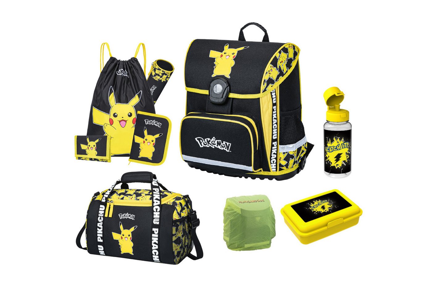 Familando Schulranzen Pokemon für Kinder von der 1. bis 4. Klasse, Ergonomisch & Leicht (Set, 9-tlg), mit Dose, Flasche und großer Sporttasche von Familando