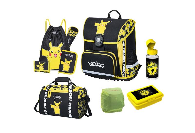 Familando Schulranzen Pokemon für Kinder von der 1. bis 4. Klasse, Ergonomisch & Leicht (Set, 9-tlg), mit Dose, Flasche und großer Sporttasche von Familando