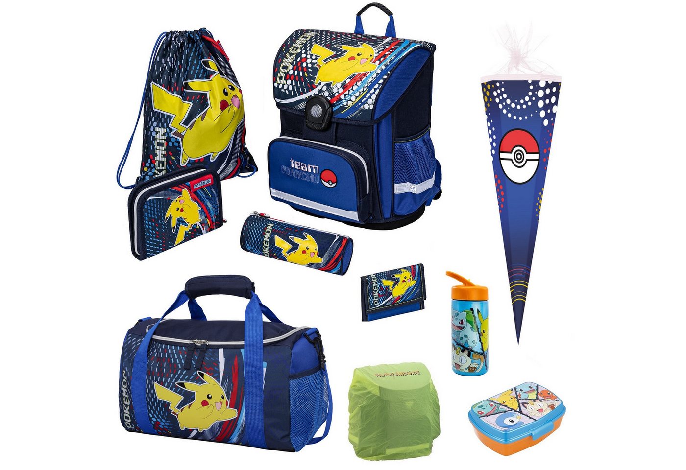 Familando Schulranzen Pokemon für Kinder von der 1. bis 4. Klasse (Set, 10-tlg), mit Schultüte 85cm, Dose, Flasche und extra großer Sporttasche von Familando