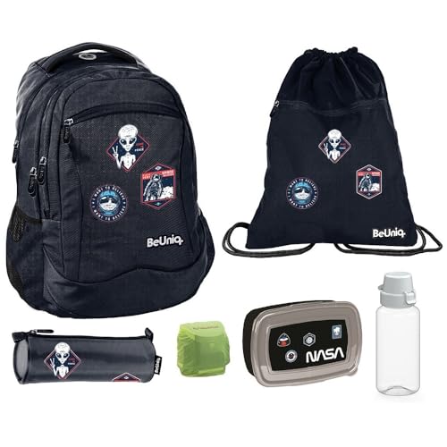 Familando Schulranzen-Set 6-tlg. Schul-Rucksack Turnbeutel Brotzeit-Dose Trink-Flasche Regenschutz NASA Ufo Raum-schiff Alien Planet-en von Familando