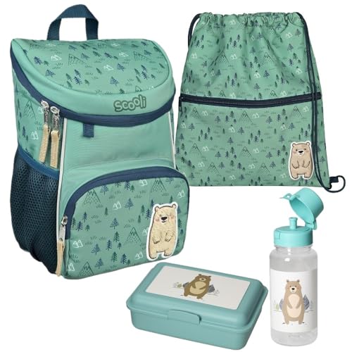 Familando Scooli Mini-Me Kindergarten Rucksack für Jungen und Mädchen | 4-TLG. Set mit Brotdose und Trinkflasche | Ergonomischer Vorschulrucksack für die Kita | Bobby Bär Blau von Familando