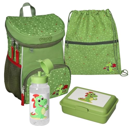 Familando Scooli Mini-Me Kindergarten Rucksack für Jungen und Mädchen | 4-tlg. Set mit Brotdose und Trinkflasche | Ergonomischer Vorschulrucksack für die Kita | Diego Dragon Drachen Grün von Familando