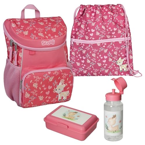 Familando Scooli Mini-Me Kindergarten Rucksack für Mädchen | 4-tlg. Set mit Brotdose und Trinkflasche | Ergonomischer Vorschulrucksack für die Kita | Daisy Deer Reh-Kitz Bambi von Familando