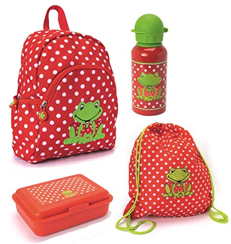 Familando Spiegelburg Kindergartenrucksack Set 4tlg. mit Turnbeutel, Brotdose, Trinkflasche für Mädchen ab 3 Jahre · rotes Motiv mit Frosch für Kindergarten von Familando
