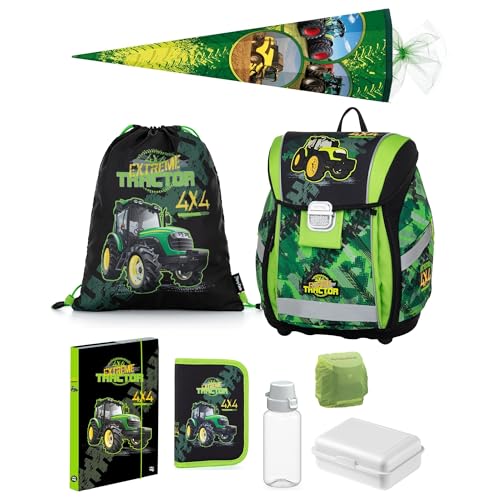 Familando Traktor Schulranzen 1. Klasse · ergonomischer Tornister für Jungen und Mädchen · Schultasche im Set (Komplett mit Schultüte) von Familando