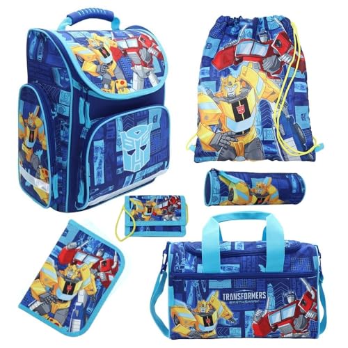 Familando Transformers Schulranzen 1. Klasse für Jungen und Mädchen · ergonomischer Tornister · Jungs Schultaschen-Set (6-teilig) von Familando