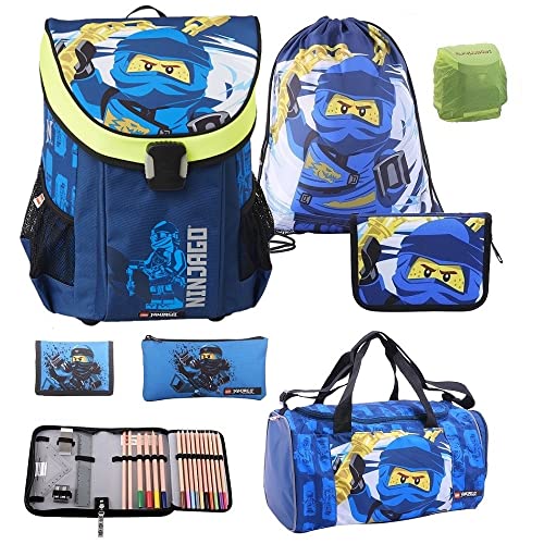 LEGO Ninjago Schulranzen Set 7tlg. Easy School Bag mit Federmappe gefüllt, Turnbeutel, Regenschutz und großer Sporttasche Blauer Ninja Jay von Familando