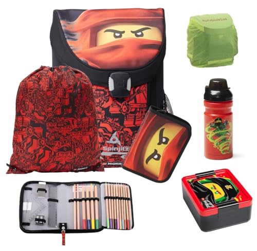 Lego Easy Schulranzen Set Ninjago Red 6tlg. mit Federmappe gefüllt, Regenschutz, Dose und Flasche roter Ninja Kai Spinjitzu Lloyd von Familando