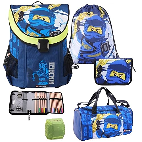 Lego Ninjago Schulranzen Set 5tlg. EASY SCHOOL BAG JAY mit Federmappe gefüllt, Turnbeutel, Regenschutz und großer Sporttasche blauer Ninja Jay von Familando