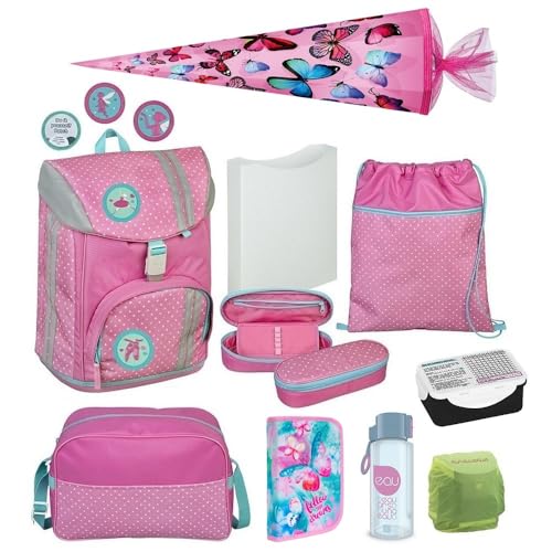Mädchen Schulranzen Set 10-teilig mit Schultüte und Sporttasche · rosa Schultasche 1. Klasse · ergonomischer Rucksack mit Brustgurt · 980 Gramm leicht & verstellbar · mit Kletties Ballerina Fairy von Familando