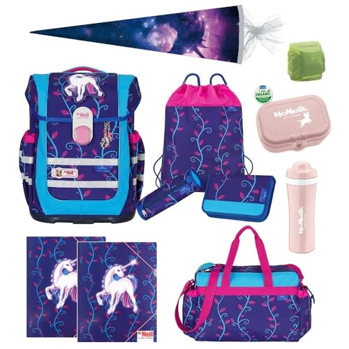 McNeill Schulranzen Mädchen 1. Klasse 12-TLG. Set Ergo Complete Lilly Einhorn mit Sporttasche Unicorn Schultüte 85cm und Regenschutz | Komplett-Set für die Einschulung von Familando