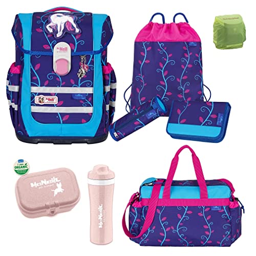 McNeill Schulranzen Mädchen 1. Klasse 9-tlg. Set Ergo Complete LILLY Unicorn Einhorn mit Sporttasche und Regenschutz von Familando