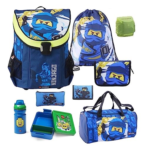 Ninjago Schulranzen für Jungen und Mädchen · Lego Easy · 790 Gramm leicht · Schultasche 1. Klasse im Set (9-teiliges Set mit Sporttasche, Blau) von Familando