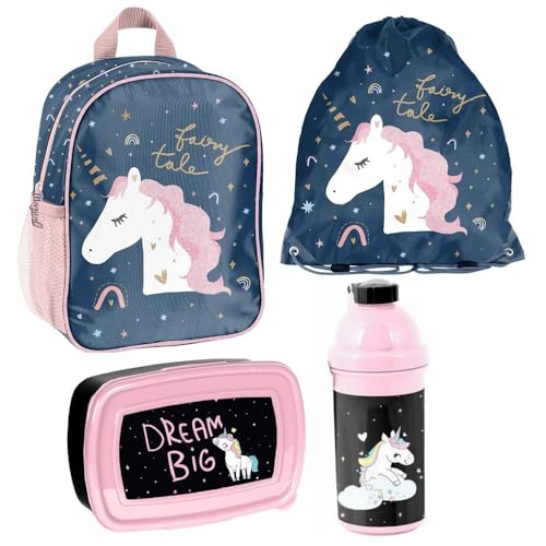 Familando Mädchen Rucksack Set 4tlg. mit Turnbeutel, Brotdose und Trinkflasche für den Kindergarten - Kinder Rucksack mit Motiv (Magic Unicorn - Einhorn) von Familando