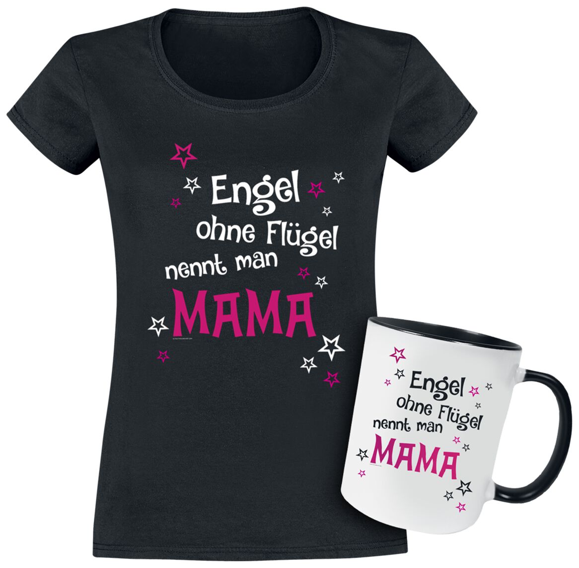 Familie & Freunde T-Shirt - Geschenkbox - Geschenkset  - T-shirt + Tasse Engel ohne Flügel nennt man Mama - S bis XXL - für Damen - Größe XL - schwarz von Familie & Freunde