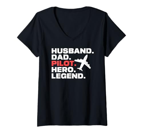 Damen Ehemann Papa Pilot Held Legende Flugzeug Spruch T-Shirt mit V-Ausschnitt von Familie & Stolz für Berufspiloten