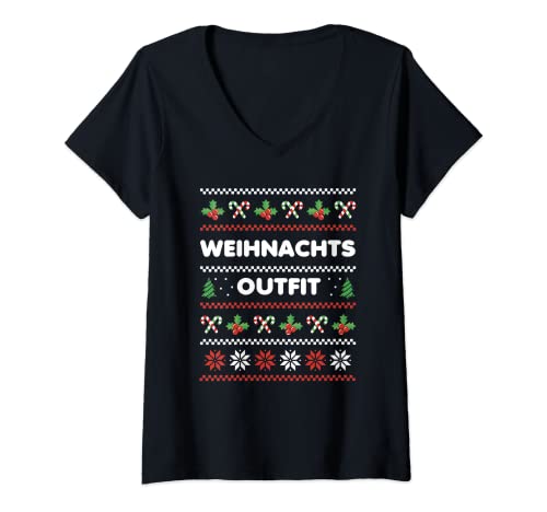 Damen Weihnachts Outfit Weihnachtsshirt T-Shirt mit V-Ausschnitt von Familien Outfit Weihnachten Kostüme