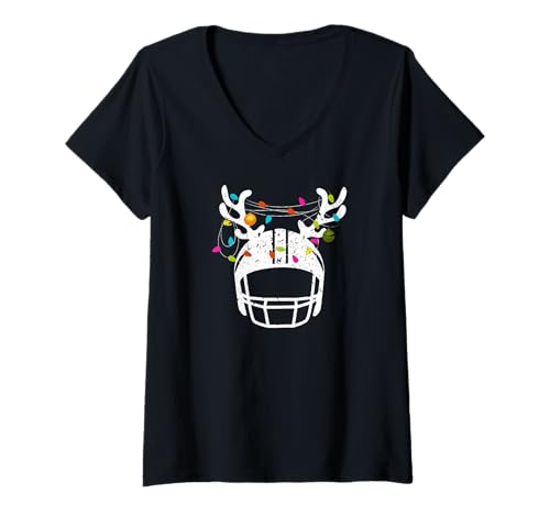 Damen Weihnachtsbeleuchtung Football Helm Lustig Weihnachts T-Shirt mit V-Ausschnitt von Familienweihnachtskleidung und Weihnachtsgeschenke