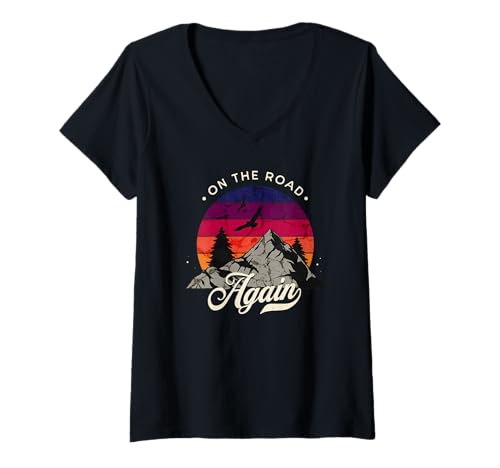Damen On The Road Again – Vintage-Wildnis-Abenteuer-Design T-Shirt mit V-Ausschnitt Damen On The Road Again – Vintage-Wildnis-Abenteuer-Design T-Shirt mit V-Ausschnitt von Family Adventure Traveller