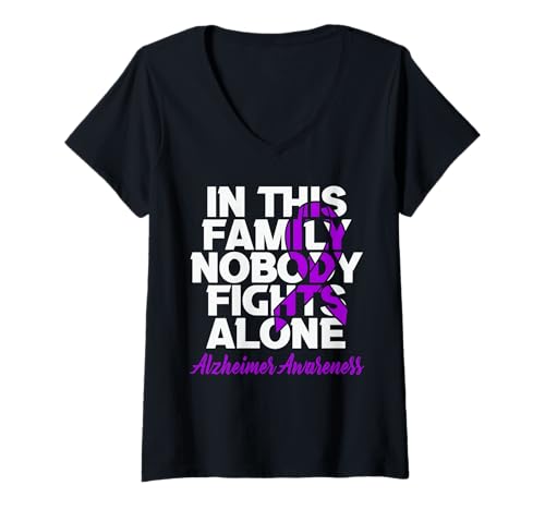 Damen In diesem Monat des Alzheimer-Bewusstseins für Familien kämpft niemand alleine T-Shirt mit V-Ausschnitt von Family Alzheimer Awareness Clothes & Co.