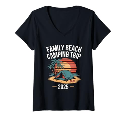 Damen Familien-Strand-Campingausflug 2025 Outdoor-Spaß T-Shirt mit V-Ausschnitt von Family Beach Adventure Camping Memories Holiday