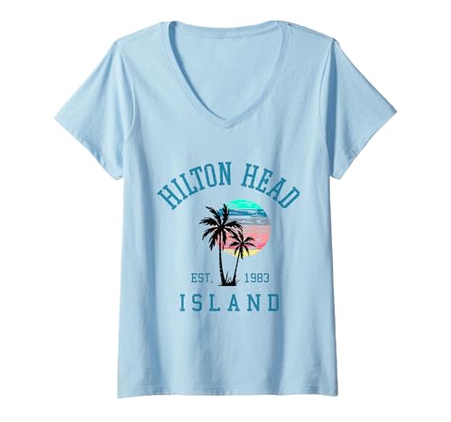 Damen Hilton Head Island South Carolina Beach Palmen Sommer T-Shirt mit V-Ausschnitt von Family Beach Vacations Gifts & Apparel CLICK HERE