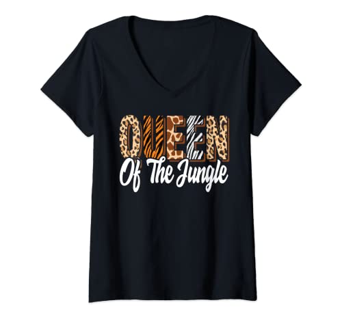 Damen Queen Of The Jungle Zoo Geburtstag Safari Dschungel Tier T-Shirt mit V-Ausschnitt Damen Queen Of The Jungle Zoo Geburtstag Safari Dschungel Tier T-Shirt mit V-Ausschnitt von Family Birthday Safari Animals Jungle Party Tee