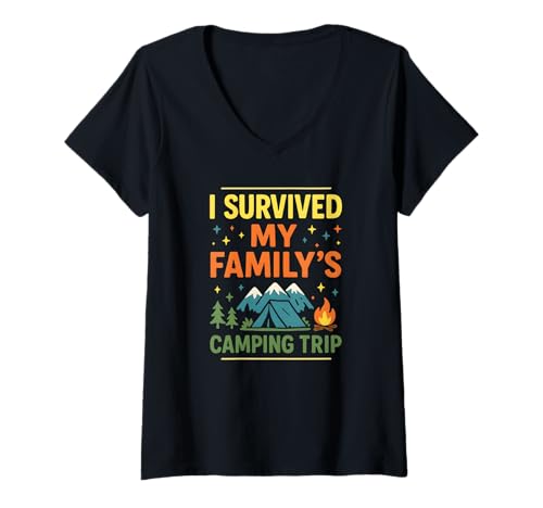 Damen I Survived My Family's Camping Trip Funny Vacation T-Shirt mit V-Ausschnitt von Family Camping Outdoor Trip
