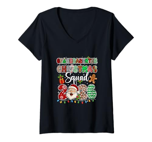 Damen Enkelin Christmas Crew 2026 Leopard Santa Family T-Shirt mit V-Ausschnitt von Family Christmas Costume