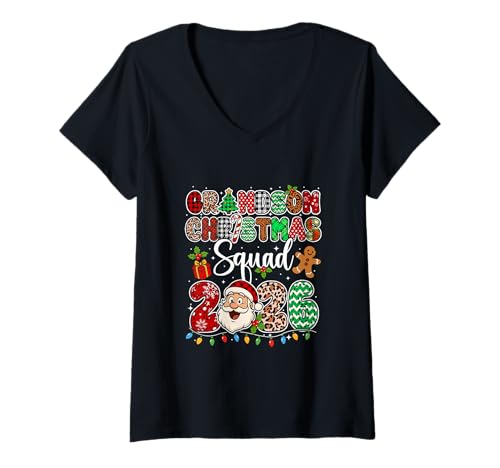 Damen Grandson Christmas Crew 2026 Leopard Santa Familiengruppe T-Shirt mit V-Ausschnitt von Family Christmas Costume