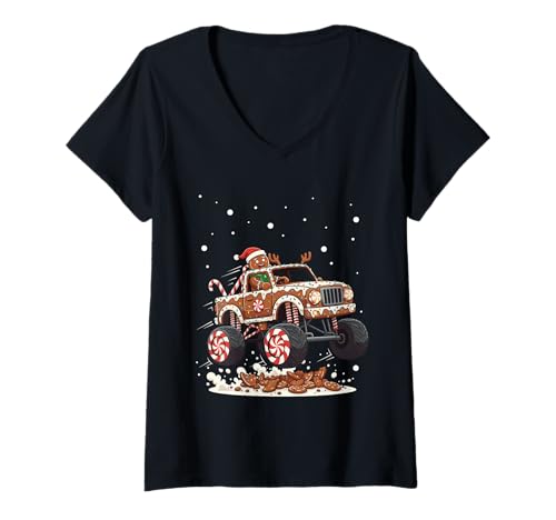 Damen Monstertrucks Lebkuchenmann Weihnachtskeks Crush T-Shirt mit V-Ausschnitt Damen Monstertrucks Lebkuchenmann Weihnachtskeks Crush T-Shirt mit V-Ausschnitt von Family Christmas Monster Trucks Baking Fun