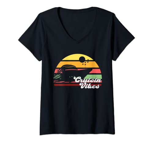 Damen Cruisin Vibes Vacation Lustiges Partyschiff T-Shirt mit V-Ausschnitt Damen Cruisin Vibes Vacation Lustiges Partyschiff T-Shirt mit V-Ausschnitt von Family Cruise Shirt Cruising Family Together