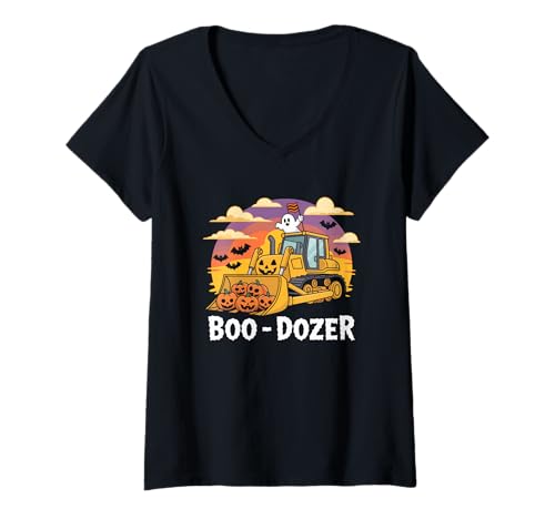 Damen Boo-Dozer Lustiger Halloween-Geist auf einem Bulldozer T-Shirt mit V-Ausschnitt Damen Boo-Dozer Lustiger Halloween-Geist auf einem Bulldozer T-Shirt mit V-Ausschnitt von Family Cutey PH Merch Designs Art, Store