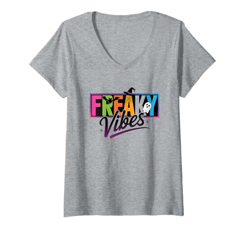 Damen Freaky Vibes Buntes Retro Halloween T-Shirt mit V-Ausschnitt Damen Freaky Vibes Buntes Retro Halloween T-Shirt mit V-Ausschnitt von Family Cutey PH Merch Designs Art, Store