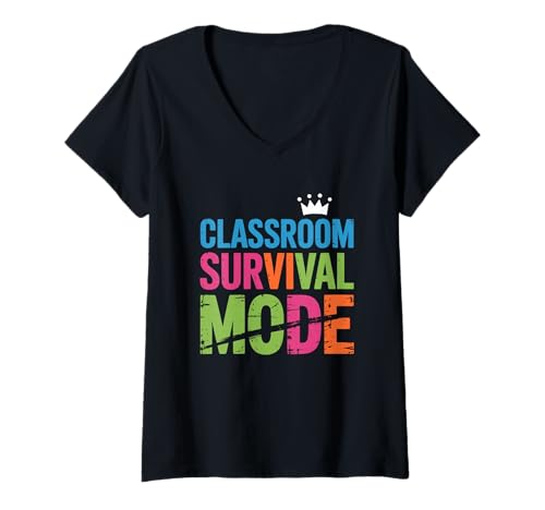 Damen Lustiger Überlebensmodus für Lehrer im Klassenzimmer T-Shirt mit V-Ausschnitt Damen Lustiger Überlebensmodus für Lehrer im Klassenzimmer T-Shirt mit V-Ausschnitt von Family Cutey PH Merch Designs Art, Store
