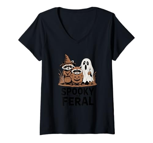 Damen Gruselige und Wilde Halloween-Waschbären und Geist T-Shirt mit V-Ausschnitt Damen Gruselige und Wilde Halloween-Waschbären und Geist T-Shirt mit V-Ausschnitt von Family Cutey PH Merch Designs Art,Store