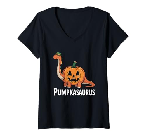 Damen Pumpkasaurus Lustiges Halloween Dinosaurier Kürbis Wortspiel T-Shirt mit V-Ausschnitt von Family Cutey PH Merch Designs Art,Store