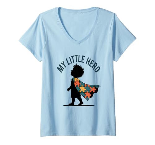 Damen My Superhero Kids Parent Neuiodivergent Autismus Autistic T-Shirt mit V-Ausschnitt Damen My Superhero Kids Parent Neuiodivergent Autismus Autistic T-Shirt mit V-Ausschnitt von Family Cutey PH Merch Designs Art Store